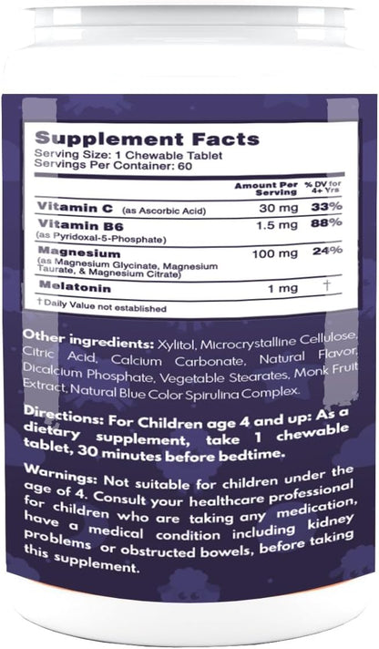 VAL Sugar-Free Calm Magnesium for Kids PM Chewable Tablets | Magnesium Glycinate, Citrate & Taurate | Melatonin & Vitamins B6 & C | Bedtime Support | Non-GMO | Blueberry Yogurt Flavor | 60 Count
