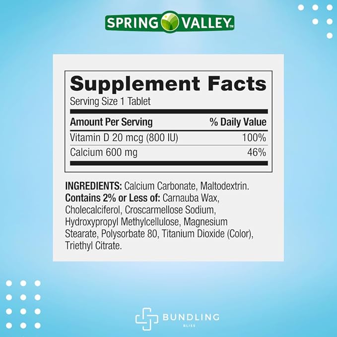 Spring Valley Calcium 600mg Plus Vitamin D, Dietary Supplement Tablets, 250 Count + Bundling Bliss 7 Day Pill Organizer Included - 1 Pack
