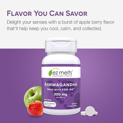 EZ Melts Dissolvable KSM-66 Ashwagandha, 300 mg, Sugar-Free, Stress, Sleep and Mood Support Supplement, 30-Day Supply, Apple Berry-Flavor