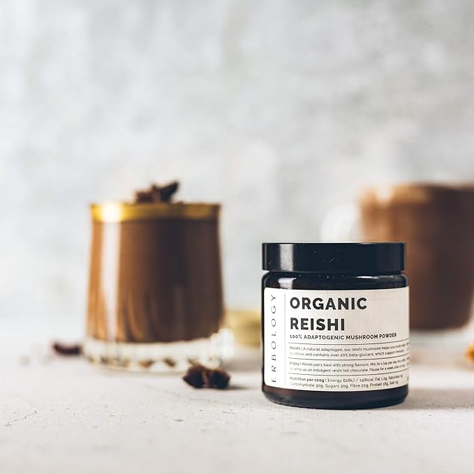 Erbology Organic Reishi Mushroom Powder 50 Servings - 21% Beta-glucans - Immunity Support - Ganoderma Lucidum - Small Batch - Sustainably Grown in Europe - Vegan - Non-GMO - No Added Fillers
