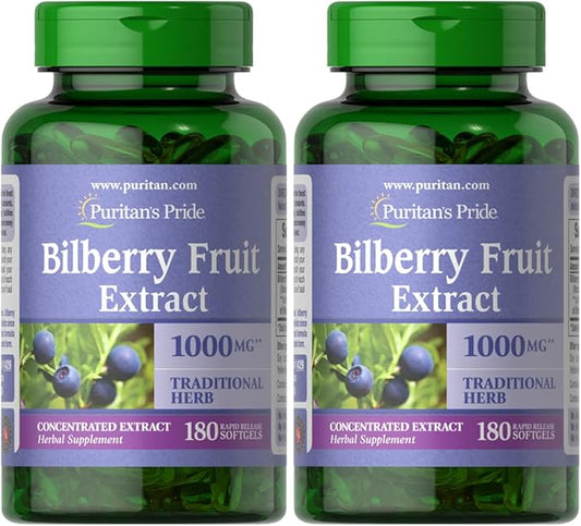 Puritan's Pride Premium Bilberry Fruit Extract 250 mg (1000mg Equivalent), 4:1 Concentrated Traditional Herbal Supplement, Vitamin C, 3 to 6 Month Supply, 180 Rapid Release Softgels 2-Pack