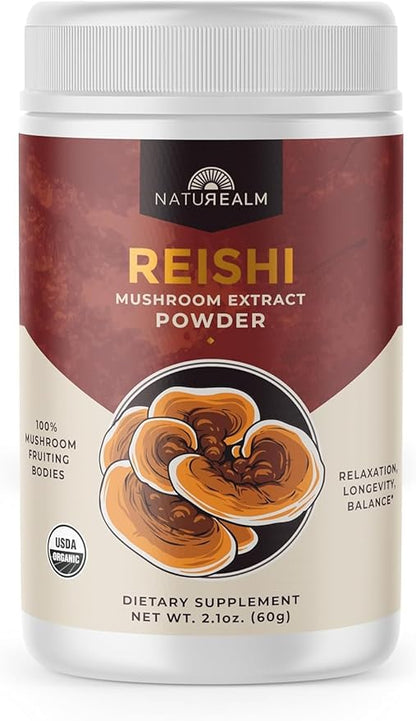 Naturealm Reishi Mushroom Powder Supplement - Organic Reishi Mushroom Extract Powder for Wellness & Cognitive Support - 60-Day Supply with Red Reishi Mushrooms