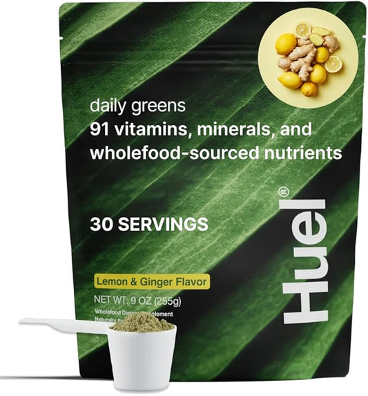 Huel Daily Greens Lemon & Ginger | Superfood Greens Powder | 91 Vitamins, Minerals, and Wholefood-Sourced Ingredients | Adaptogens, Antioxidants, Gut-Friendly Probiotics | 30 Servings