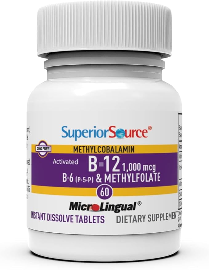 Superior Source No Shot Vitamin B-12 Methylcobalamin 1000 mcg, B-6, & Methylfolate 1000 mcg - Supports Energy, Brain, and Heart Health - Bariatric Friendly - 60 Sublingual Dissolving Tablets