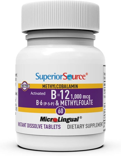 Superior Source No Shot Vitamin B-12 Methylcobalamin 1000 mcg, B-6, & Methylfolate 1000 mcg - Supports Energy, Brain, and Heart Health - Bariatric Friendly - 60 Sublingual Dissolving Tablets