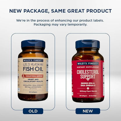 Wiley's Finest Wild Alaskan Fish Oil Cholesterol Support - Heart Health Supplement for Men and Women - 560mg Omega-3s - 90 Softgels (45 Servings)