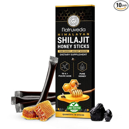 Himalayan Shilajit Honey Sticks | 75%+ Fulvic Acid & Trace Minerals | 10 Premium sticks for men and women | Raw Honey, Saffron & Himalayan Shilajit Resin from 16,000+ ft | USA-Based Seller