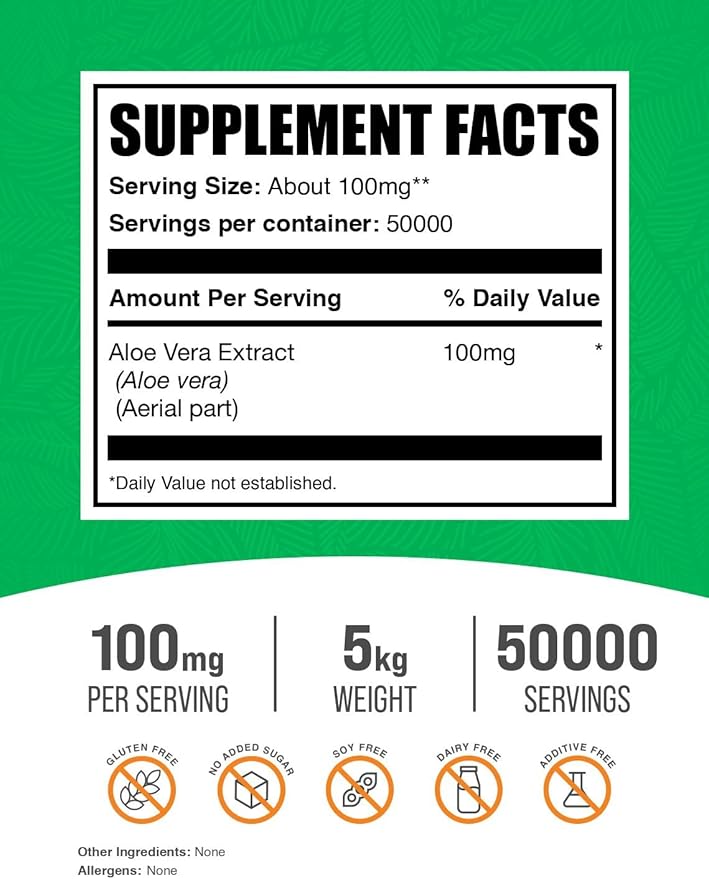 BulkSupplements.com Aloe Vera Extract Powder - Aloe Vera Supplement, Aloe Vera Powder - Herbal Supplement, Pure & Gluten Free, 100mg per Serving, 5kg (11 lbs) (Pack of 5)