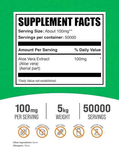 BulkSupplements.com Aloe Vera Extract Powder - Aloe Vera Supplement, Aloe Vera Powder - Herbal Supplement, Pure & Gluten Free, 100mg per Serving, 5kg (11 lbs) (Pack of 5)