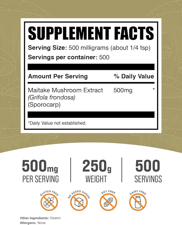 BulkSupplements.com Maitake Mushroom Extract Powder - Superfood Supplement, Maitake Mushroom Supplement - Gluten Free, 500mg per Serving, 250g (8.8 oz) (Pack of 1)