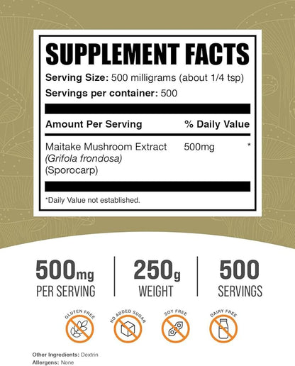BulkSupplements.com Maitake Mushroom Extract Powder - Superfood Supplement, Maitake Mushroom Supplement - Gluten Free, 500mg per Serving, 250g (8.8 oz) (Pack of 1)