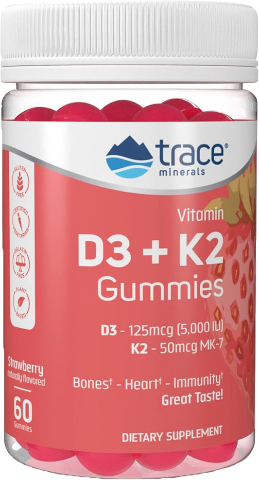 Trace Minerals | Vitamin D3 + K2 Gummies | 5,000 IU D3 + 50 mcg K2 | Vegan, Sugar Free, Gluten Free, Natural Strawberry Flavor | 60 Servings
