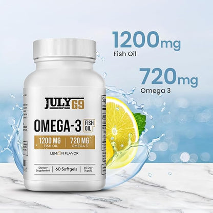 Omega 3 Fish Oil - 1200 MG Fish Oil, 720 MG Omega 3, Lemon Flavor, 60 Softgels, Natural EPA-DHA Softgels for Strength & Health, High Potency, Support for Women & Men