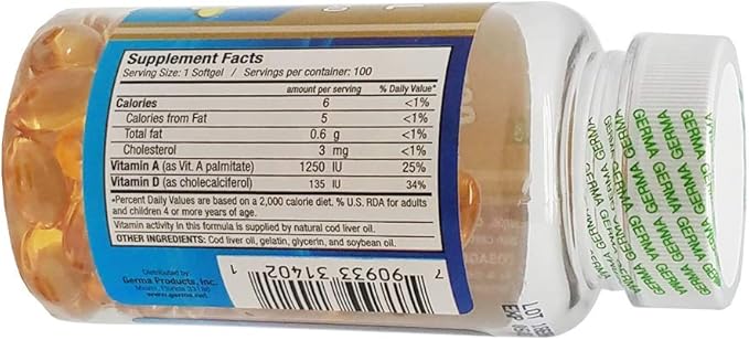Germa Cod Liver Oil Natural Dietary Supplement. 100 Capsules. Pack of 3