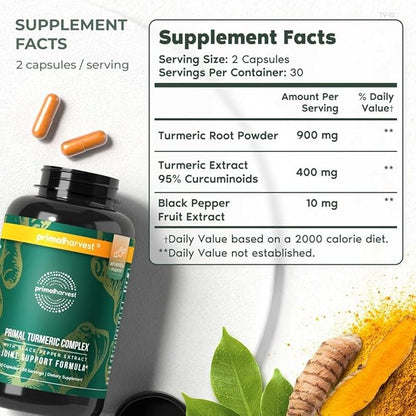 Primal Harvest 2 Pack, Primal Turmeric Complex w/Black Pepper Extract, Joint and Mobility Support Supplement for Women & Men, 120 Capsules