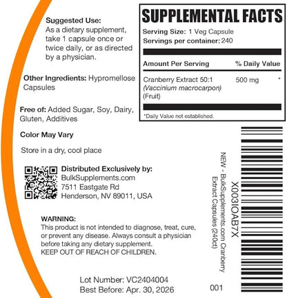 BulkSupplements.com Cranberry Extract Capsules - Cranberry Supplements for Women & Men, Cranberry Extract 500mg - Vegan & Gluten Free, 1 Capsule per Serving, 240 Capsules (Pack of 1)