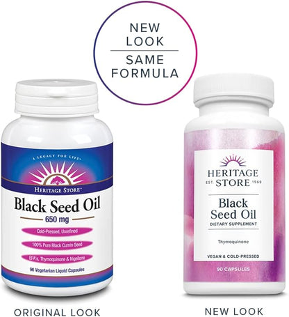 HERITAGE STORE Black Seed Oil Liquid Capsules 650mg, Nigella Sativa Oil Supplement with Thymoquinone, Omega 3 6 9, Antioxidant, Cholesterol, Digestive, Joint & Immune Support*, Vegan, 45 Serv, 90ct