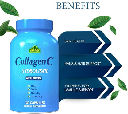 CollagenC - Collagen Hydrolysate Capsules with Biotin by Alfa Vitamins - Anti-Aging Nutritional Supplement for Skin, Nails & Hair Rejuvenation - Supports Bone & Muscle - Made in USA - 180 Capsules