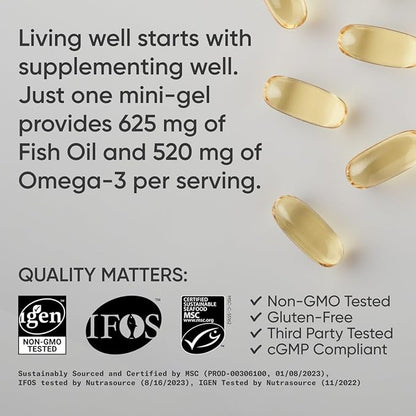 Sports Research Fish Oil Mini-Softgels - Easy to Swallow Omega-3 Fatty Acids from Wild Caught Alaska Pollock Supporting Brain & Heart Health - 625mg, 120 Capsules
