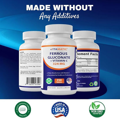 Vitamatic Ferrous Gluconate 324 mg + Vitamin C 100 mg (65 mg Elemental Iron) – High Potency Iron Supplement – Gentle on Stomach, No Artificial Colors – 250 Coated Tablets, Made in USA
