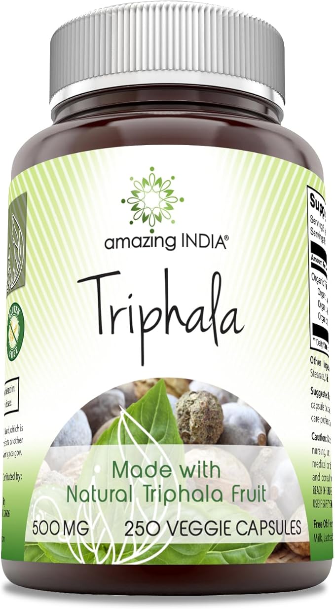 Amazing India Natural Triphala 500 mg Veggie Capsules Supplement | Non-GMO | Gluten Free | Ideal for Vegetarians (250 Count)