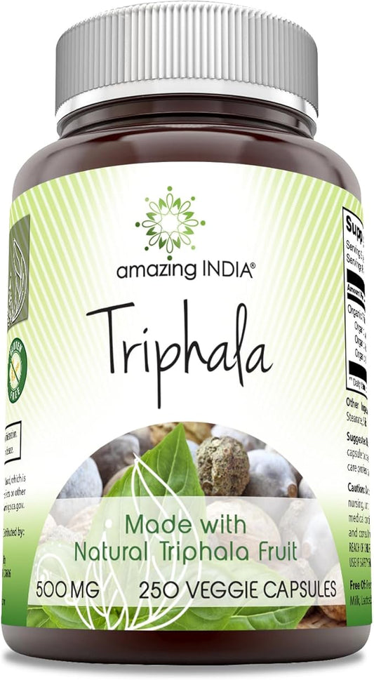 Amazing India Natural Triphala 500 mg Veggie Capsules Supplement | Non-GMO | Gluten Free | Ideal for Vegetarians (250 Count)