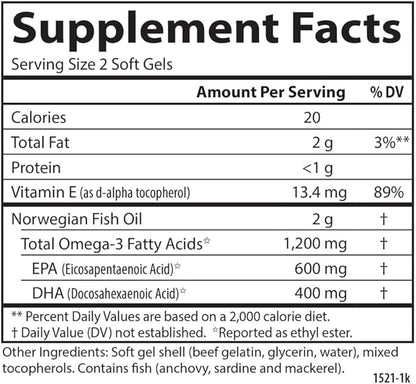 Carlson Super Omega-3 Gems, Norwegian, 1,200 mg Omega-3s, 100 Soft Gels