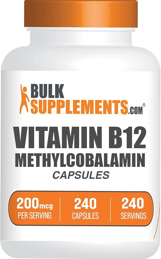 BulkSupplements.com Vitamin B12 Methylcobalamin Capsules - B12 Vitamin Supplement, B12 200mcg, for Energy Support - Gluten Free, 1 Capsule per Serving, 240 Capsules (Pack of 1)