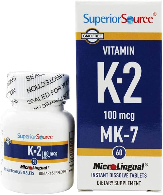 Superior Source Vitamin K2 MK-7 (Menaquinone-7) 100 mcg - Bone Strength & Health Support Supplement - Aids Healthy Heart Function - Bariatric-Friendly - 60 Sublingual Dissolving Tablets