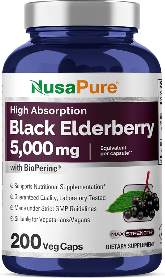 NusaPure Black Elderberry 50:1 Extract, 100 mg Equivalent to 5,000mg per Veggie Capsules, 200 Count (Non-GMO, Bioperine) Sambucus Supplement