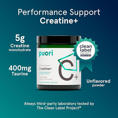 Puori Creatine Monohydrate Powder with Taurine - Unflavored Creatine Powder, Pre-Workout Supplement for Men & Women - Muscle Builder, Enhanced Workout Performance & Strength Building - 60 Servings