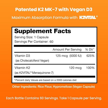 NutraChamps D3 with K2 MK7 Supplement for Heart & Bone Health | Vitamin D & K Complex | 5000 IU of Vitamin D 3 & 100 mcg of Vitamin K 2 MK-7 | 60 Vitamin K2 D3 Capsules