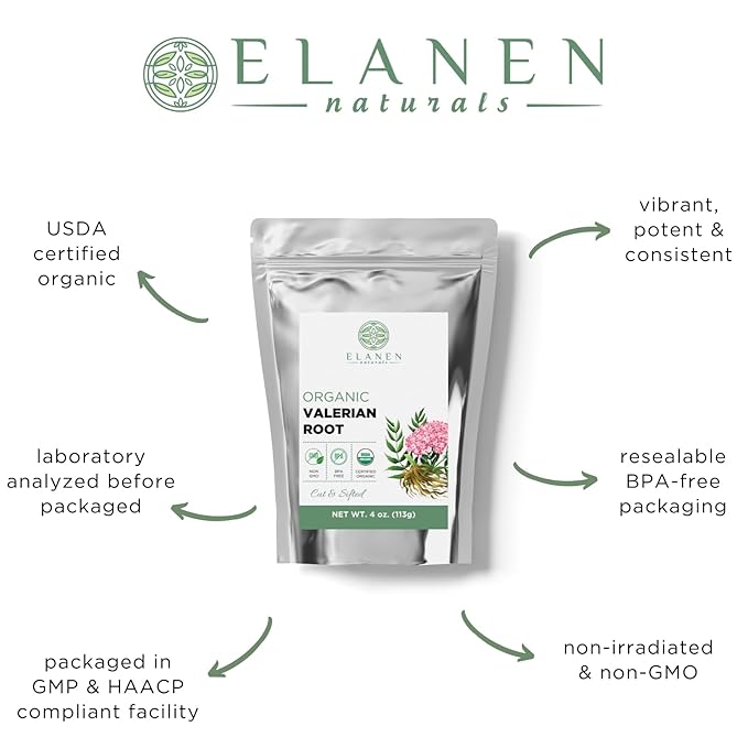 Elanen Naturals Organic Valerian Root 4 oz. (113g), USDA Certified Organic Valerian Root Herb Tea, Te De Valeriana Para Dormir, Valarian Officinalis Whole Loose Leaf, Cut & Sifted