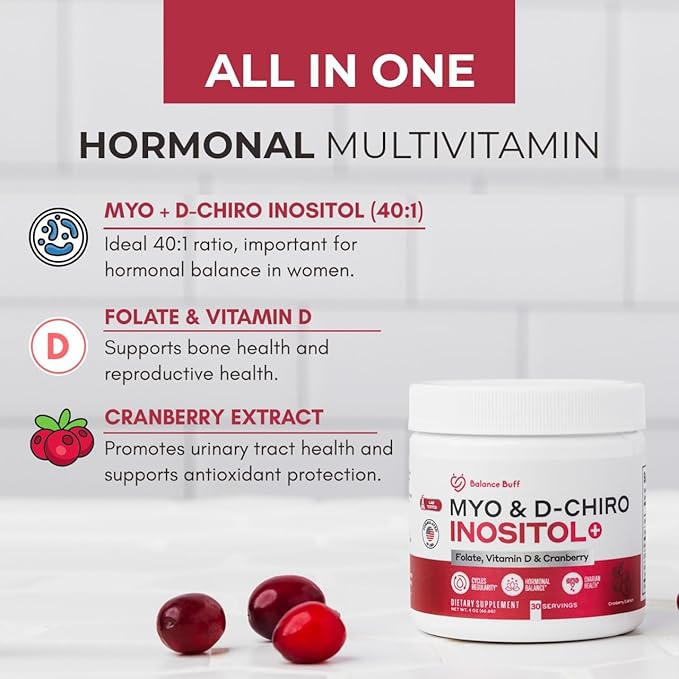 Inositol Supplement for Women | Myo-Inositol & D- Chiro Inositol Plus Folate and Vitamin D and Cranberry | Ideal 40:1 Ratio | Vitamin B8 - Powder - 30 Day Supply