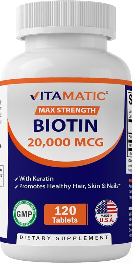 Vitamatic High Potency Biotin 20000 mcg (20mg) with Keratin 100mg - 120 Vegetarian Tablets - Biotin Supplements for Healthy Hair Skin & Nails for Adults (120 Count (Pack of 1))