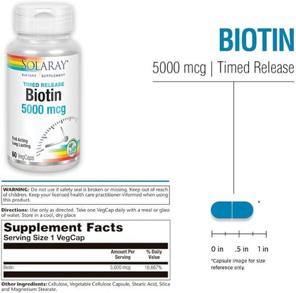 SOLARAY Biotin 5000 mcg | Timed Release | Fast-Acting, Long-Lasting Healthy Hair, Skin & Nails Support | 60 VegCaps