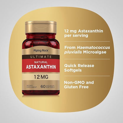 Piping Rock Astaxanthin 12mg | 60 Quick Release Softgels | Extract Supplement | Gluten Free, Non-GMO