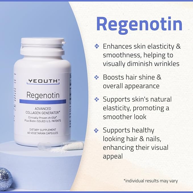 YEOUTH Regenotin Collagen Support for Skin, Nails, Hair, and Joints, Vegetarian Dietary Supplements for Men and Women, 60 Capsules