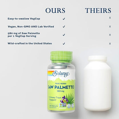 SOLARAY Saw Palmetto Berry 580 mg, Healthy Prostate and Urinary Tract Support from Fatty Acids & Plant Sterols for Men and Women, Non-GMO, Vegan & Lab Verified, 100 VegCaps, 100 Servings