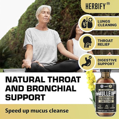 HERBIFY Mullein Drops - Lung Cleanse - Leaf Extract - Powerful Mullein for Immune Support, Detox & Respiratory Support - Made in USA - 4 Oz Vanilla Flavor