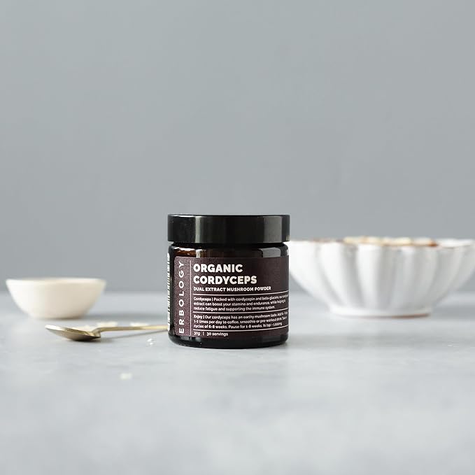 Erbology Organic Cordyceps Dual Extract Powder 30 Servings - 32% Beta-glucans and Cordycepin 7.1mg/g - Energy and Performance - Small Batch - Sustainably Grown in Europe - Vegan - No Added Fillers