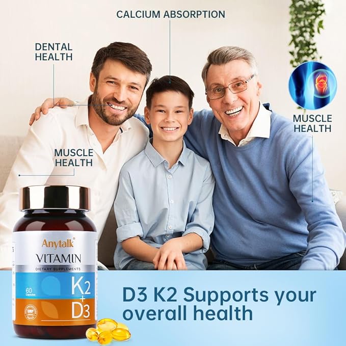 Vitamin D3 K2 Supplement with Vitamin D3 (5000 IU), K2 & MCT Oil - Non-GMO, Gluten-Free, Easy to Swallow Capsules for Bone Health, Heart & Immune Support, 60 Softgels