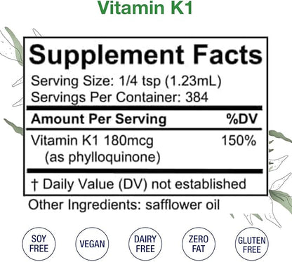 Vitamin K1 Liquid – Alcohol-Free Oral Vitamin K1 Drops - Liquid Vitamin K for Skin, Bones & Blood Health – Vegan, Non-GMO Vitamin Liquid Extract for Internal & External Use, 16 Fl Oz.