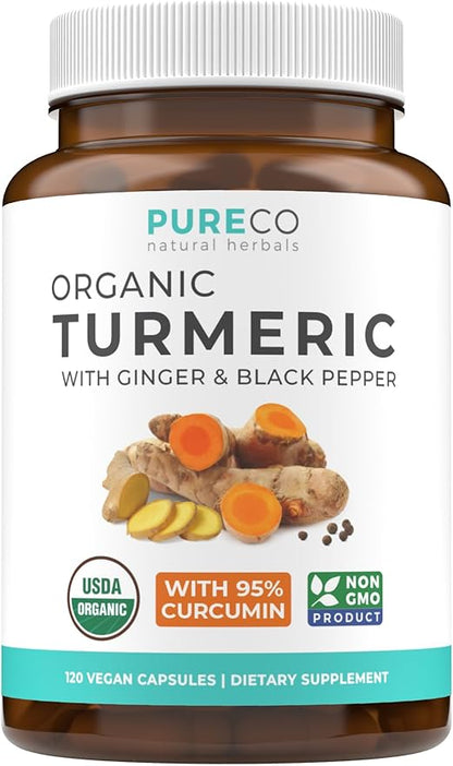 USDA Organic Turmeric Curcumin with Black Pepper and Ginger (4 Month Supply) Joint Support Supplement with Tumeric and Ginger Root Powder - Organic Turmeric Supplement - 120 Vegan Capsules (No Pills)