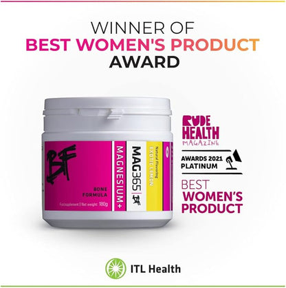 Magnesium | ITL Health | Bone Support Formula | Ionic Magnesium Citrate | Zinc | Vitamin C, B6, D3, K2 | Boron | Potassium | Exotic Lemon | 180g Powder for Optimal Health