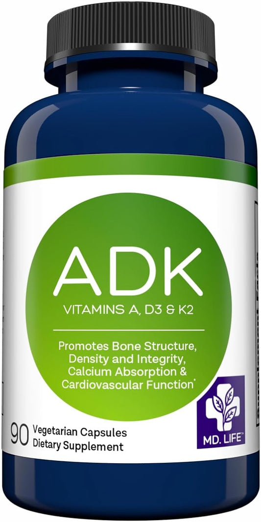 MD.LIFE A D K Vitamin Supplement - Vitamin D3 K2 and A - 90 Capsules - Bone Health and Heart Health Support – High Potency Vitamin ADK Supplement - ADK Complex