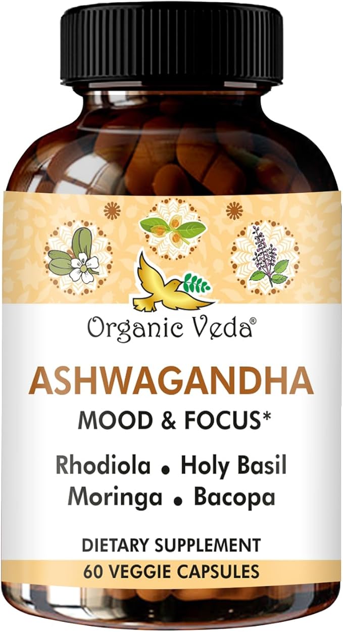 Organic Veda Ashwagandha Mood Support Supplement 1200mg, with Organic Ashwagandha Root, Bacopa, Rhodiola Rosea, Holy Basil, Moringa, Focus & Energy Support - 60 Vegan Capsules