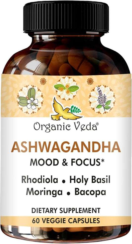 Organic Veda Ashwagandha Mood Support Supplement 1200mg, with Organic Ashwagandha Root, Bacopa, Rhodiola Rosea, Holy Basil, Moringa, Focus & Energy Support - 60 Vegan Capsules