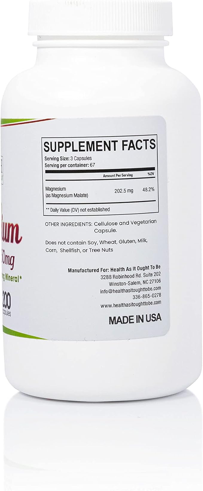 Health As It Ought To Be Pure Magnesium Malate 1350 mg Supplement | Physician Formulated & Highly Absorbable | 200 Capsules