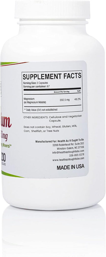 Health As It Ought To Be Pure Magnesium Malate 1350 mg Supplement | Physician Formulated & Highly Absorbable | 200 Capsules